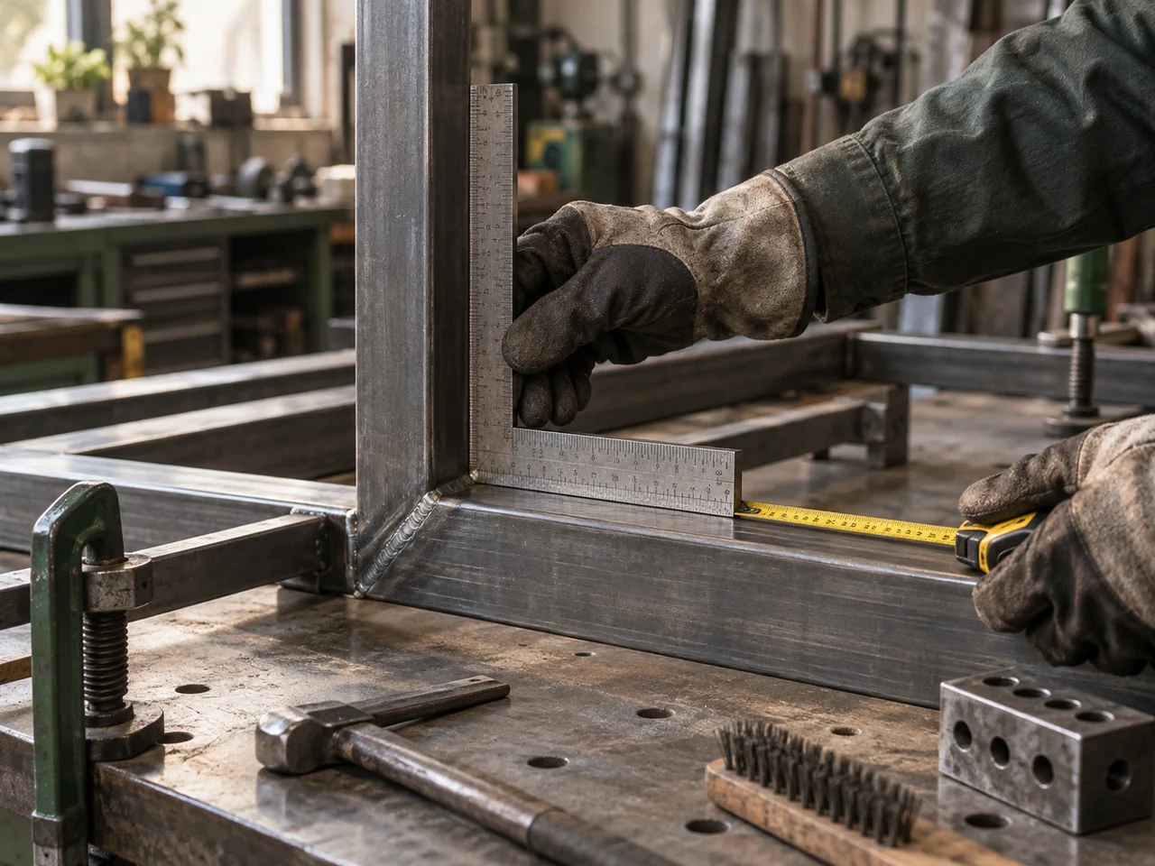 Illustration of gloved hands measuring a welded steel frame in a fabrication workshop