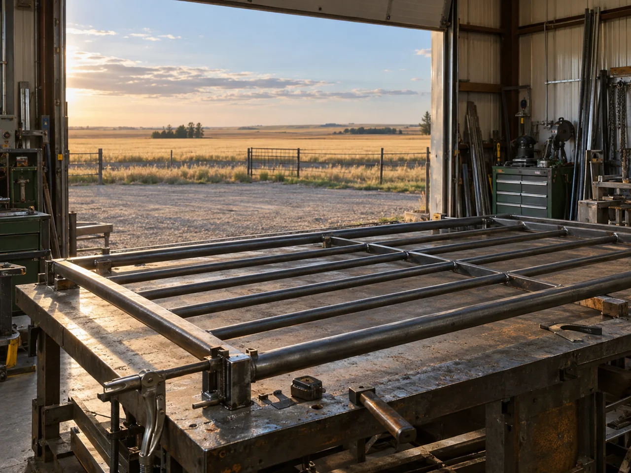 Illustration of a steel farm gate on a fabrication workbench overlooking prairie farmland